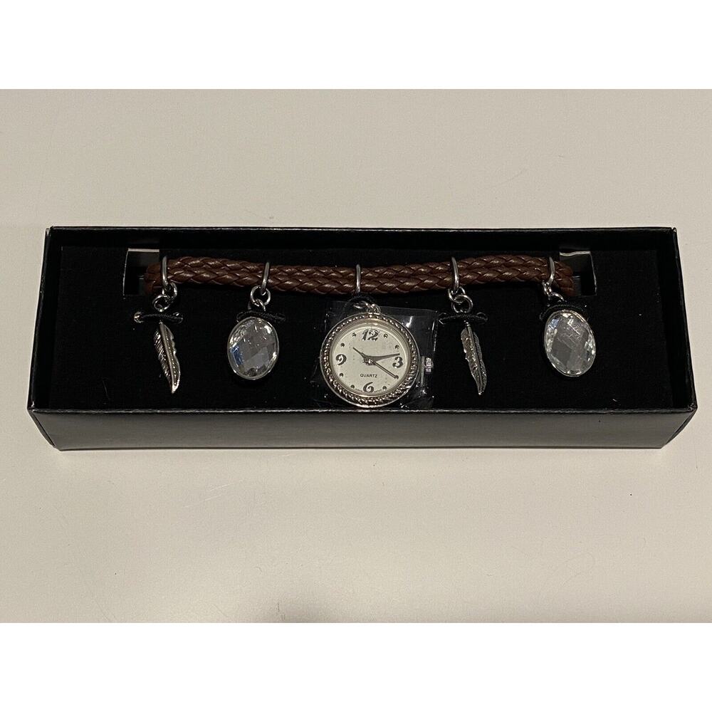 AVON Womens Brown Braided Leather Charm Watch Feather Crystal Silver Tone New